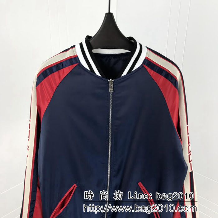 GUCCI古馳 紅藍撞色字母飾帶 絲綢面料 雙面穿 夾克套裝 情侶款 ydi1634